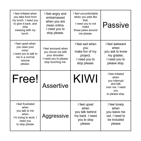 Assertiveness Bingo Card