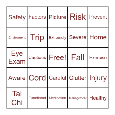 Fall Prevention Bingo Card