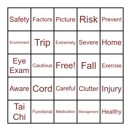 Fall Prevention Bingo Card