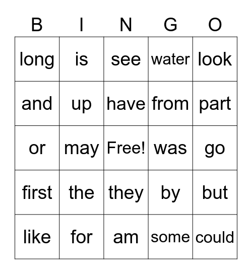 Sight Word Bingo Card
