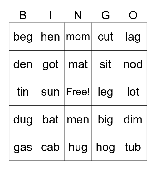 One-vowel words Bingo Card