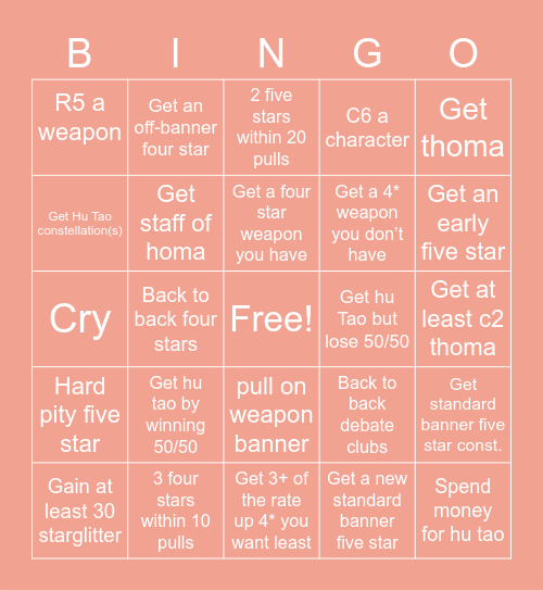 Hu Tao rerun summons! Bingo Card