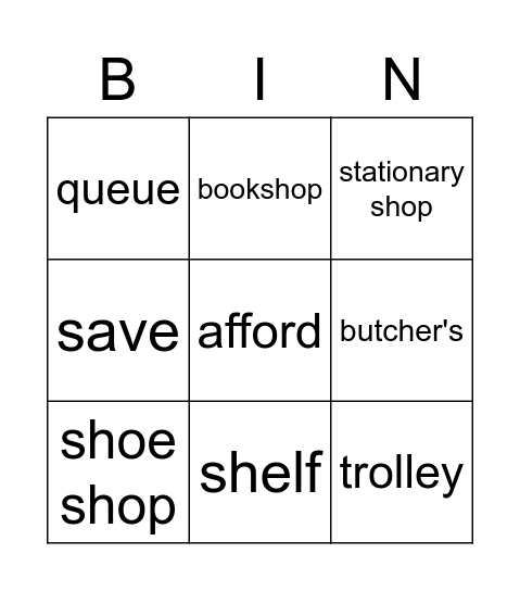 Do the shopping Bingo Card