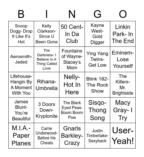 Radio Bingo: 2000's Music Bingo Card