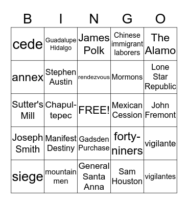 Westward Expansion Bingo Card