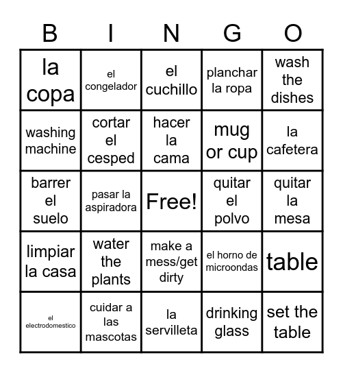 La mesa, Los quehaceres domesticos y Los electrodomesticos Bingo Card