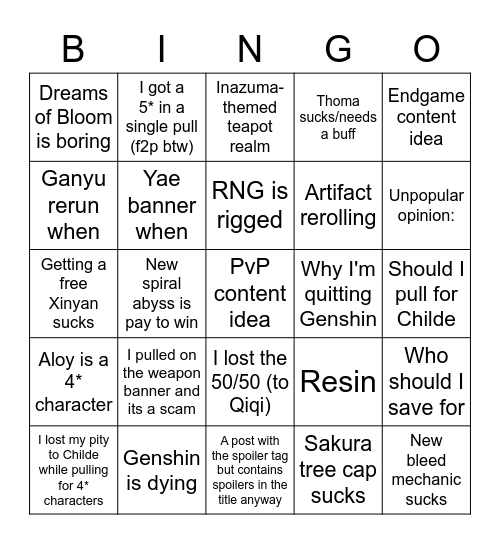 Genshin v2.2 reddit posts Bingo Card