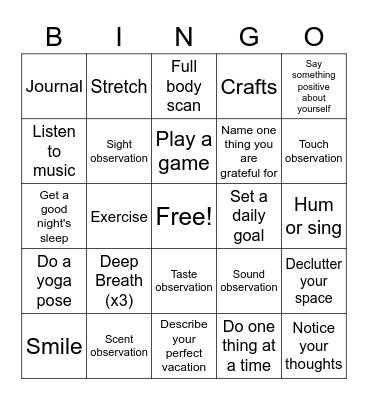 Mindfulness BINGO Card