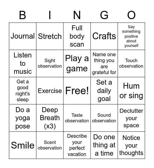 Mindfulness BINGO Card