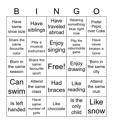 Warm Up Bingo Card