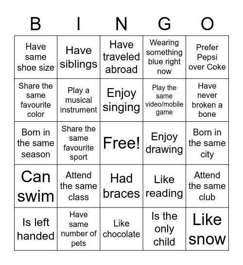 Warm Up Bingo Card