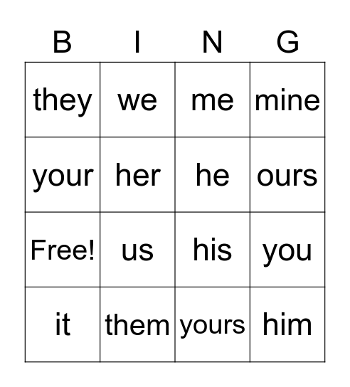 PRONOUN BINGOHE Bingo Card