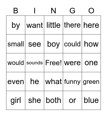 High Frequency Word Bingo Card