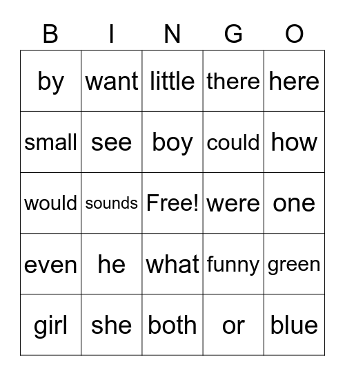 High Frequency Word Bingo Card
