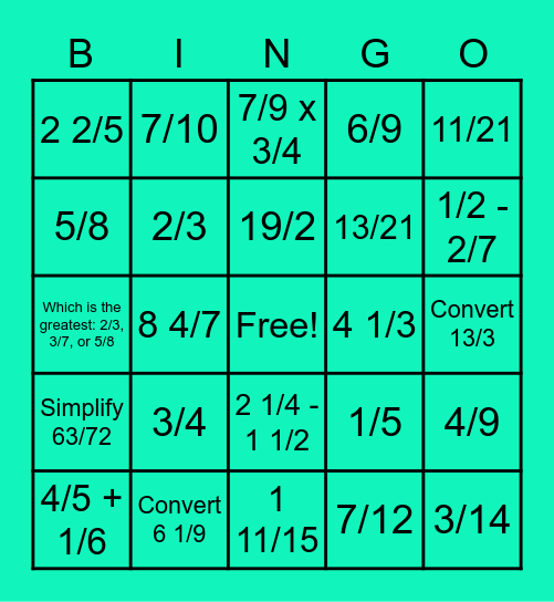 Fractions Review Bingo Card