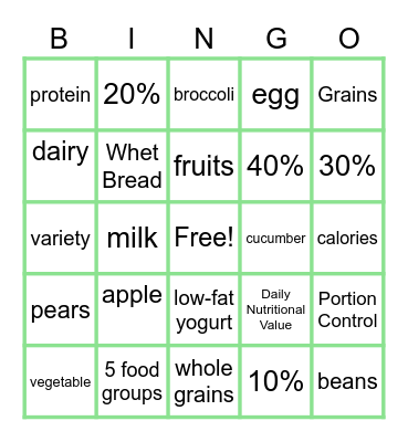 MyPlate Bingo Card