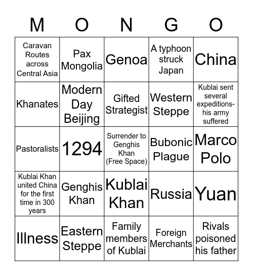 Mongol Empire  Bingo Card