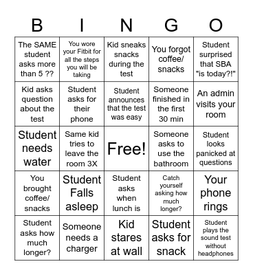 Exam Proctoring Bingo Card