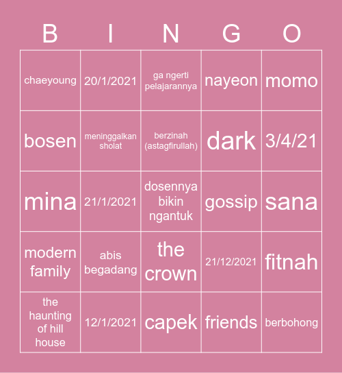 <3 Bingo Card