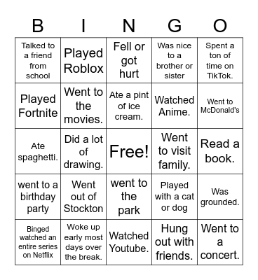 Back From Fall Break! Bingo Card