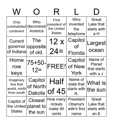 6th Grade WORLD Bingo Card