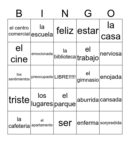 Places and feelings review  Bingo Card