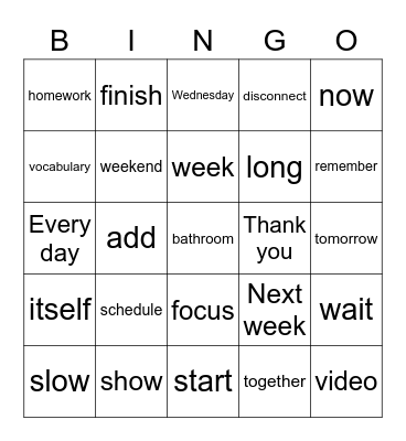 Beginning of the Year Bingo Card