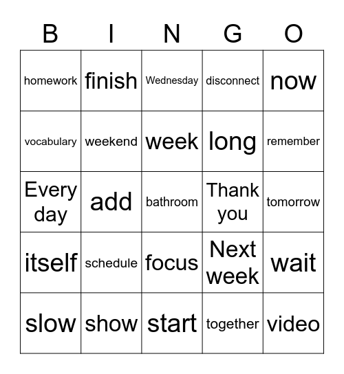 Beginning of the Year Bingo Card