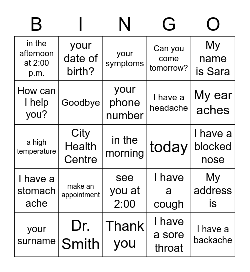 Making an appointment Bingo Card