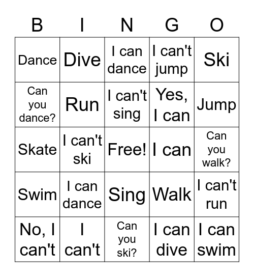 I Can Swim Bingo Card