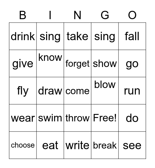 Irregular Verbs Bingo Card