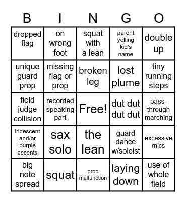Marching Band Bingo Card