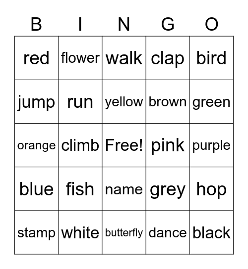 colors and actions Bingo Card