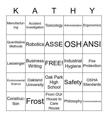 Kathy's Bingo Game Bingo Card