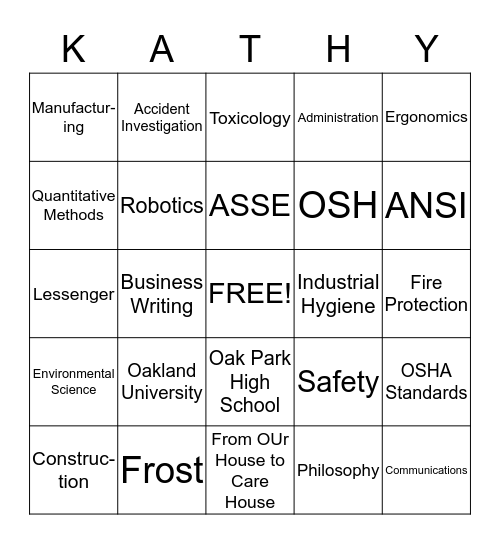 Kathy's Bingo Game Bingo Card