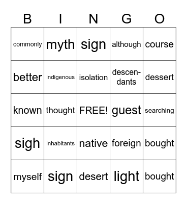 Indigenous People Bingo Card