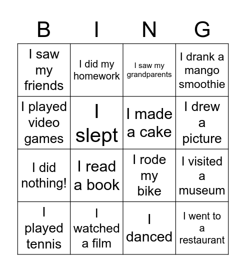 What did you do at the weekend? Bingo Card