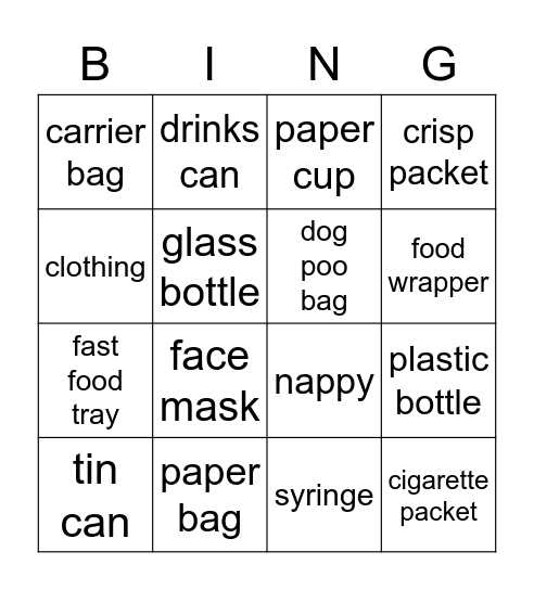 Litter-pick Bingo Card