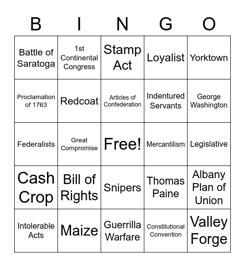 Unit 1 Colonies to a New Nation Bingo Card