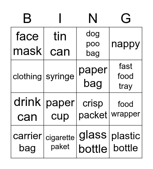 Litter pick Bingo Card
