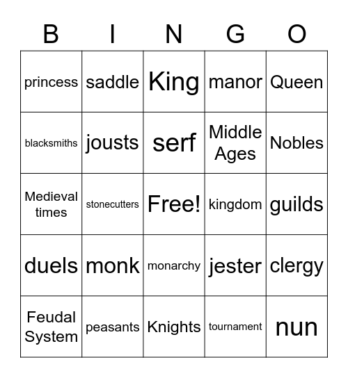 Medieval Times Bingo Card