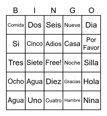 Spanish Bingo Card