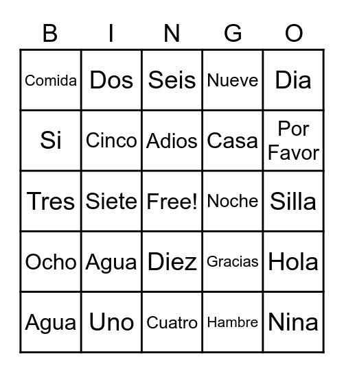 Spanish Bingo Card