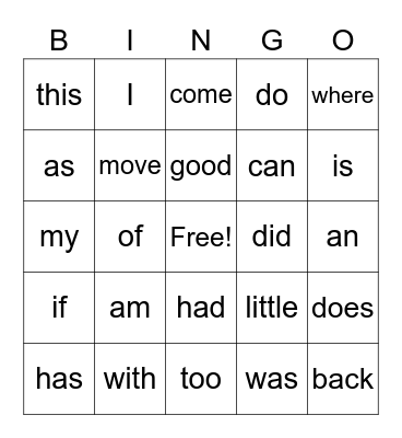 Sight Words List #1 Bingo Card