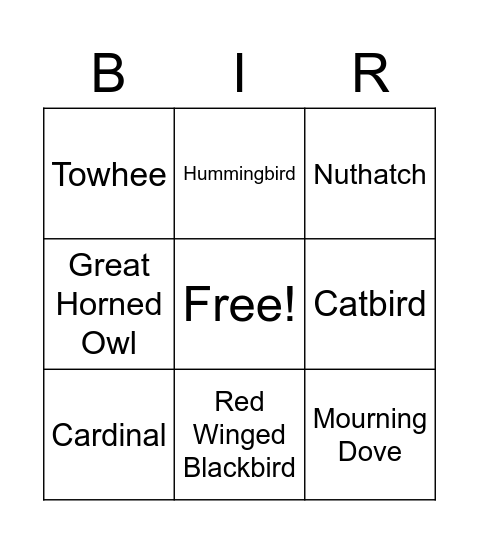 Bird Song Bingo Card