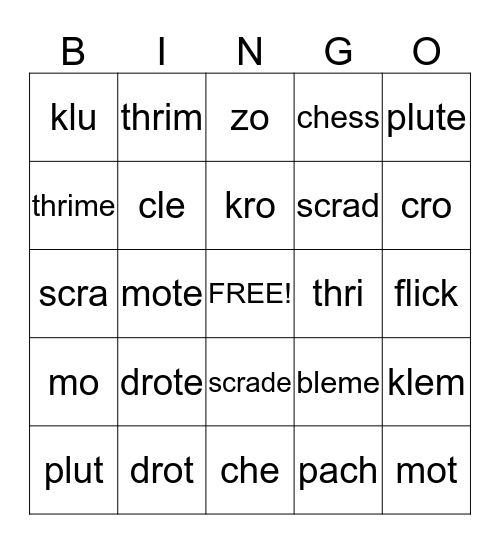 Nonsense word bingo! Bingo Card