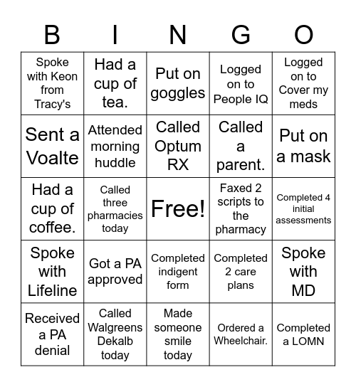 Case Management Bingo Card