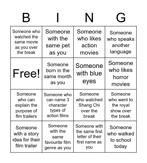 Year 10 Bingo Card