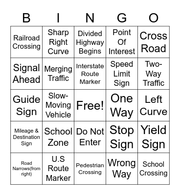 Driver's Education Bingo Card