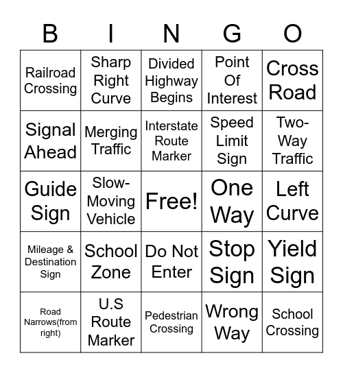 Driver's Education Bingo Card